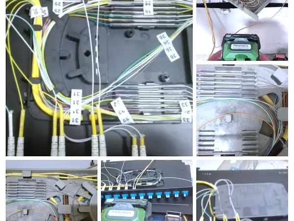Collage de bandejas de empalme de fibra con hilos numerados a mano, una fusionadora y un ODF con conectores