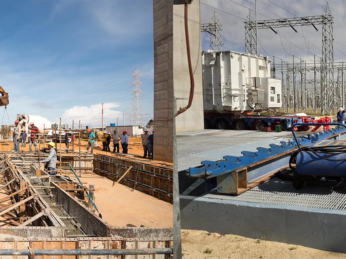 Obra civil de fundaciones con excavadora y llegada de un transformador a una subestación