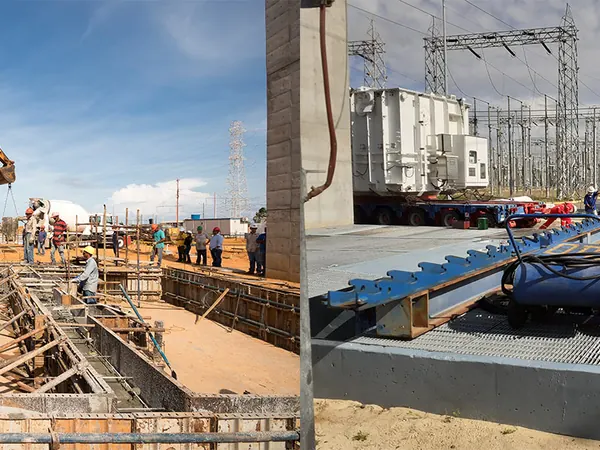 Obra civil de fundaciones con excavadora y llegada de un transformador a una subestación