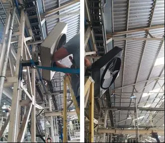 Ventiladores industriales instalados en la estructura del techo