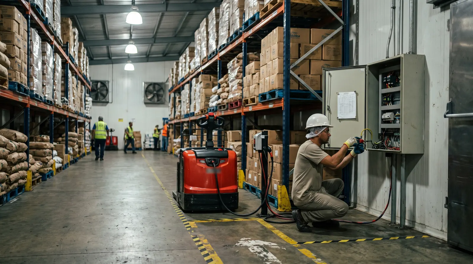 Electricista con casco y gorro de malla en un almacén de alimentos con estanterías y luminarias industriales