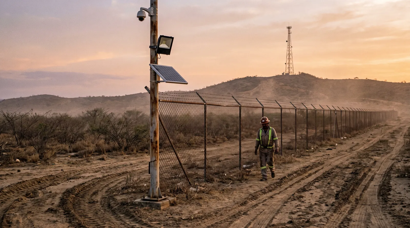 Poste con cámara fija en el perímetro de un sitio remoto de terreno seco al amanecer