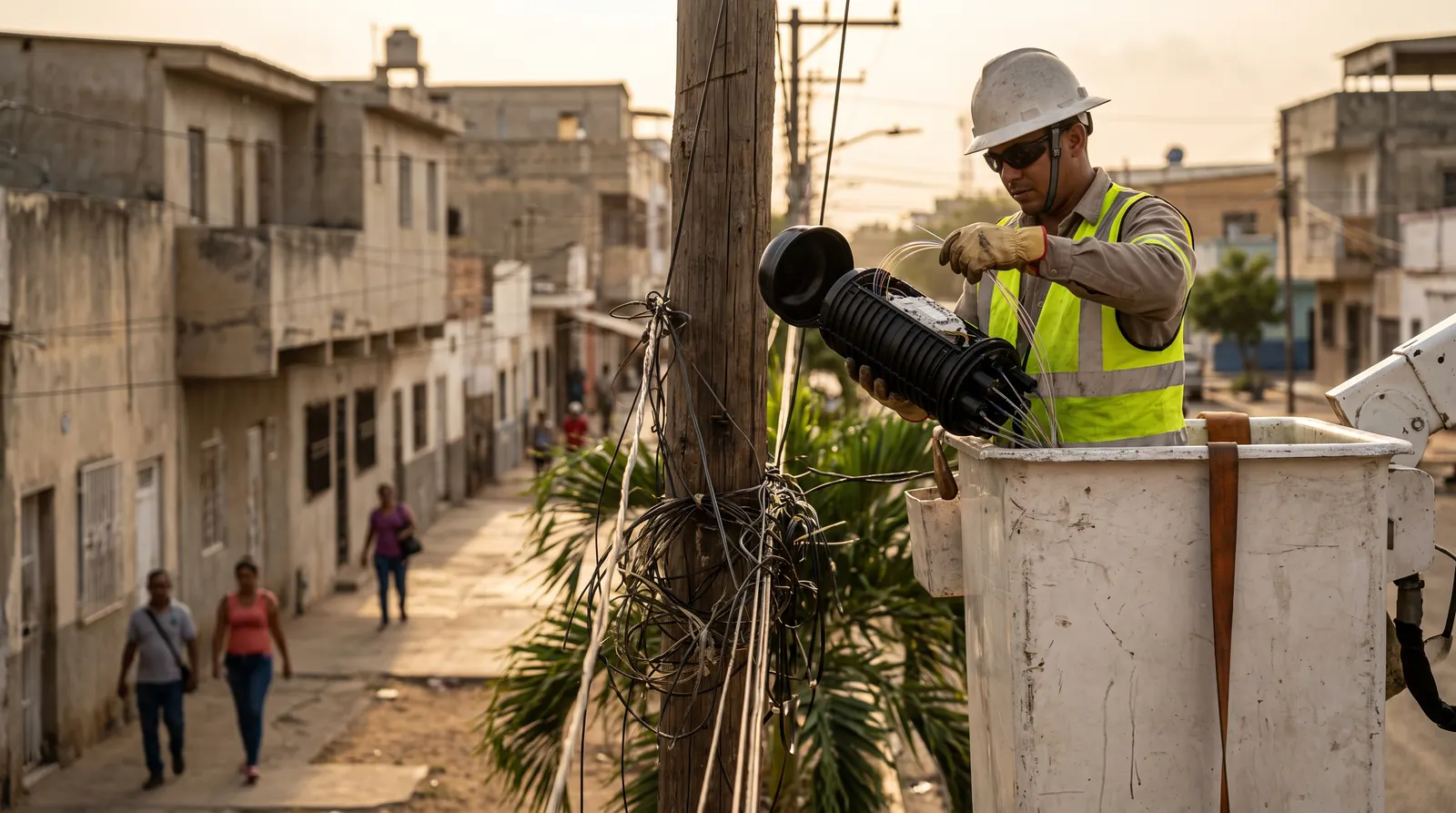 Liniero en camión cesta empalmando un cable de fibra óptica aérea en un poste de una calle de Maracaibo